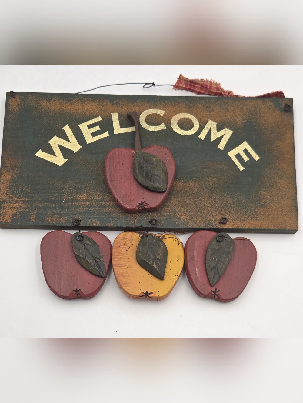 Vtg 90s‎ Style Wooden Apple Welcome Sign Decor Country Ribbon Cottagecore